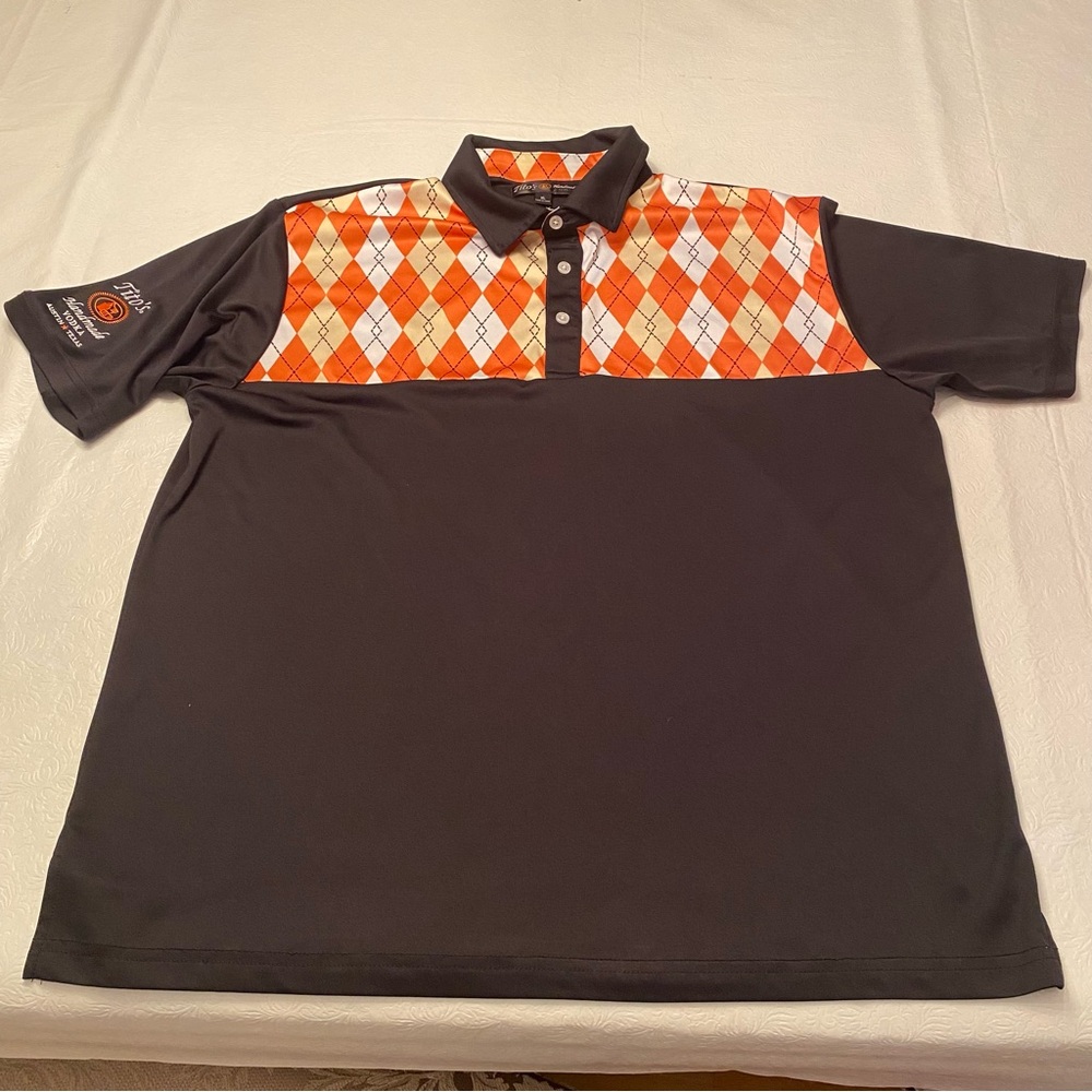 Tito’s Handmade Vodka Men's XL Argyle Polo Shirt in Black/Orange